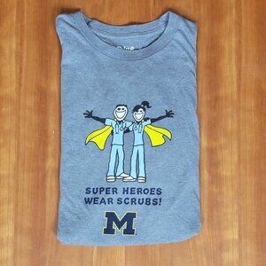 Life is Good Grey SS Crew Neck Superheroes Wear Scrubs U of Mich Tee - L